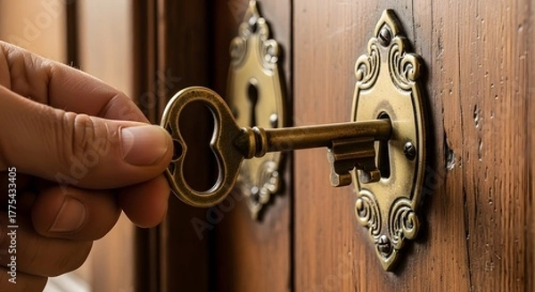 Fototapeta Hand inserting a vintage key into an ornate keyhole on a wooden door with brass hardware detail