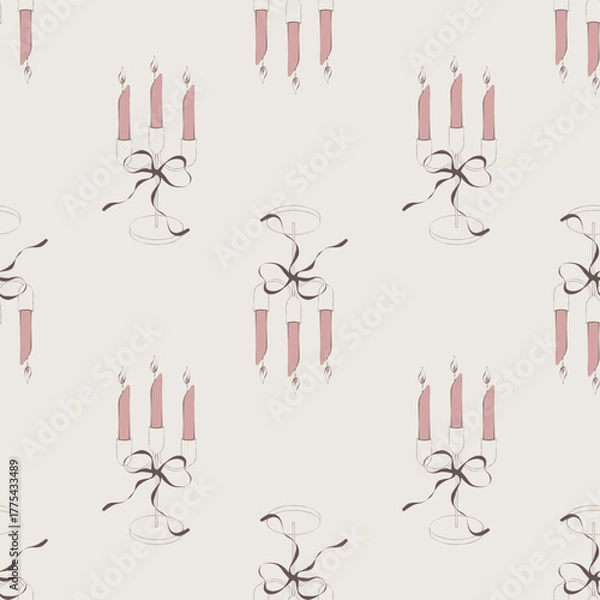 Obraz Coquette Candle Candelabra Seamless Pattern with Pink Taper Candles and Bow – Vintage Party Aesthetic