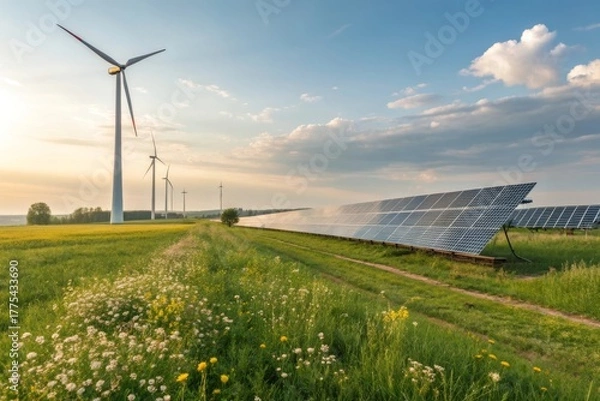 Obraz Wind turbines and solar panels generating clean energy outdoors