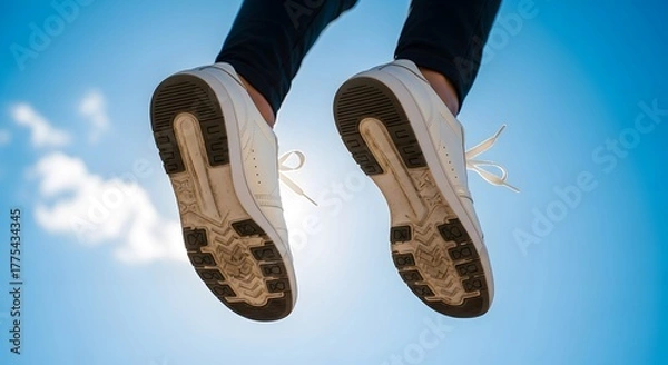 Fototapeta Low angle shot of white sneakers against a bright blue sky with a few clouds in the background