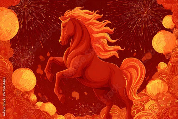 Obraz Dynamic red fire horse with fireworks and lanterns for New Year celebration
