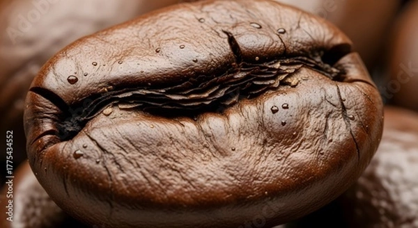 Fototapeta A single roasted coffee bean with water droplets in a close up macro shot showcasing its texture
