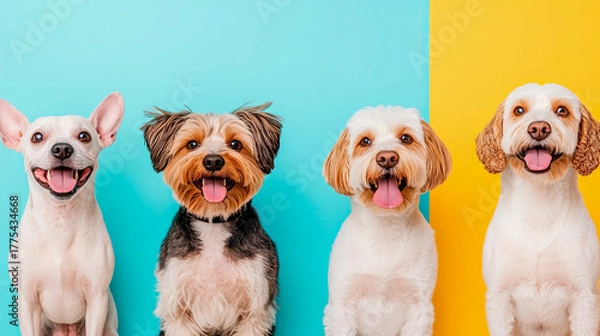 Fototapeta Adorable lineup of four diverse dog breeds with cheerful expressions and pink tongues against vibrant split-color teal and sunny yellow background.
