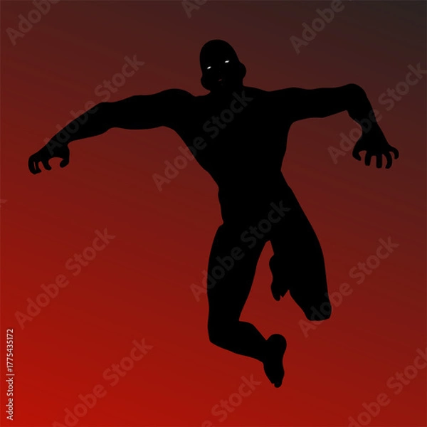 Fototapeta Dark horror silhouette of scary man figure on red gradient background, spooky Halloween design illustration.