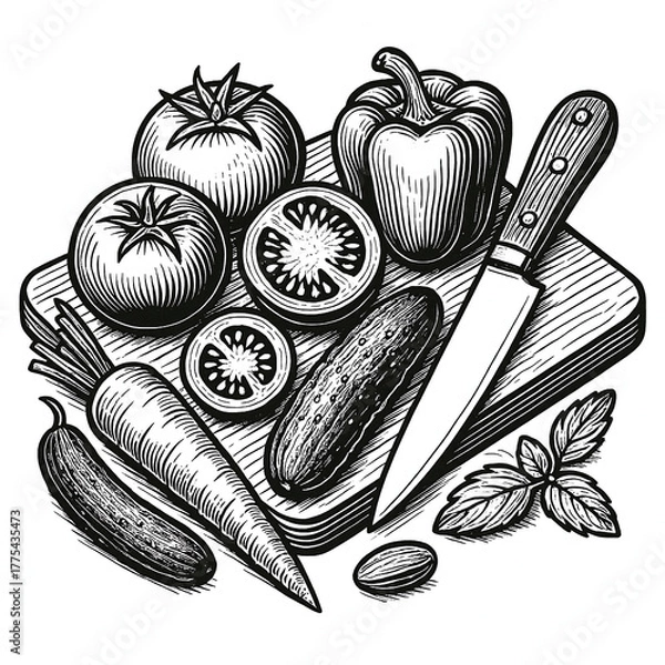 Fototapeta Black and white kitchen scene with a wooden cutting board, knife, and vegetables — perfect for engraving, prints, and creative projects