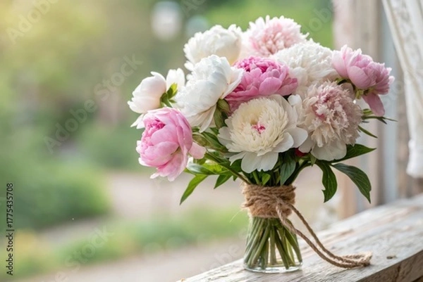 Obraz A beautiful peony bouquet in a glass vase with soft light