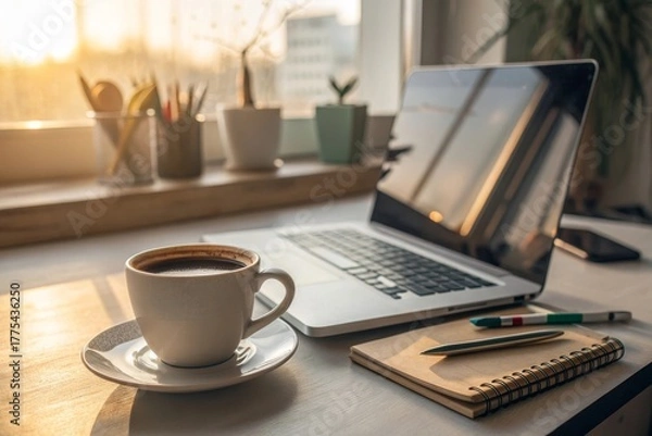Obraz A coffee cup beside an open laptop in a morning workspace setting