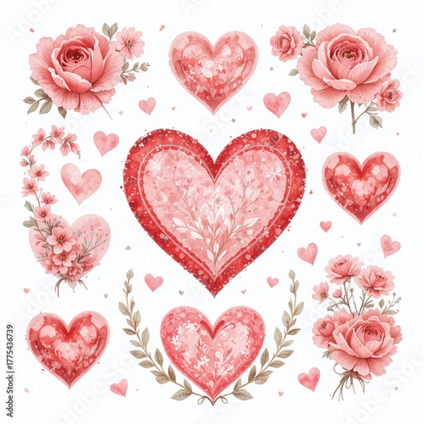 Fototapeta Watercolor Valentine’s Day set in pink and red tones with hearts and flowers on a white background — perfect for cards, prints, and decor