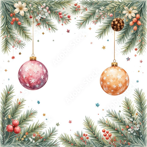 Fototapeta Watercolor Christmas branches with ornaments and baubles on a white background — perfect for festive cards, prints, and holiday decor