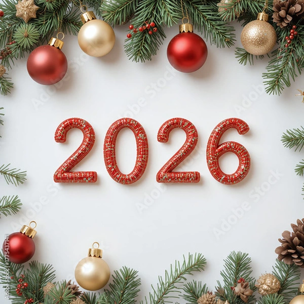 Fototapeta Christmas composition with “2026” text surrounded by fir branches, ornaments, and holiday decor — perfect for festive prints and design