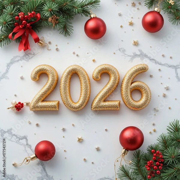 Fototapeta Christmas composition with “2026” text surrounded by fir branches, ornaments, and holiday decor — perfect for festive prints and design