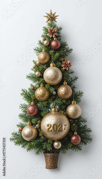 Fototapeta “2026” inscription beautifully placed on a decorated Christmas tree among ornaments and lights, perfect for festive prints and holiday projects