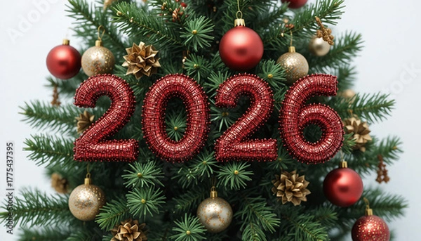 Fototapeta “2026” inscription beautifully placed on a decorated Christmas tree among ornaments and lights, perfect for festive prints and holiday projects