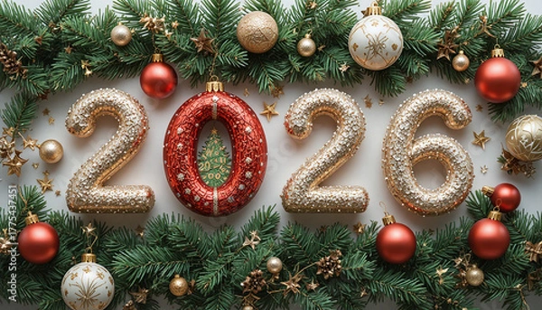 Fototapeta Christmas composition with “2026” text surrounded by fir branches, ornaments, and holiday decor — perfect for festive prints and design