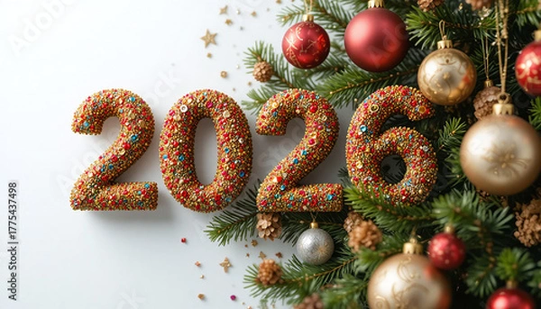 Fototapeta Christmas composition with “2026” text surrounded by fir branches, ornaments, and holiday decor — perfect for festive prints and design