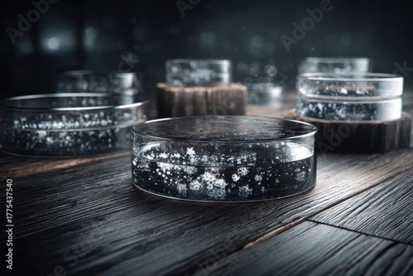 Obraz Transparent Petri Dishes with Bacteria Samples on Wooden Surface