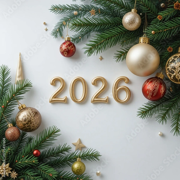 Fototapeta Christmas composition with “2026” text surrounded by fir branches, ornaments, and holiday decor — perfect for festive prints and design