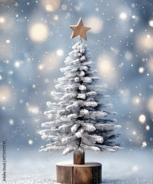 Fototapeta A rustic wooden Christmas tree stands elegantly against a frosty silver background, evoking a cozy holiday spirit.