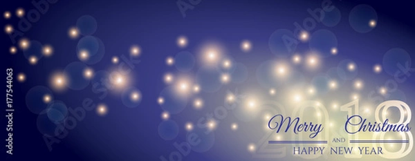 Fototapeta New Year's banner 2018 with shiny stars and congratulations. Merry Christmas greeting card.