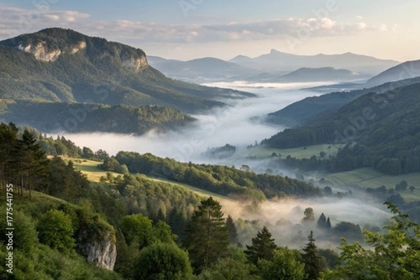Obraz A scenic landscape of mountains and valleys filled with mist