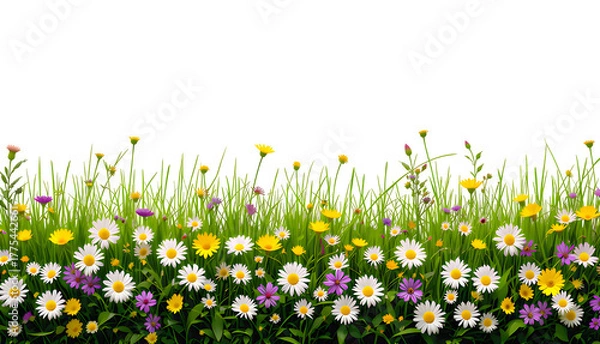 Fototapeta Lush meadow grass border with wildflowers isolated on transparent background