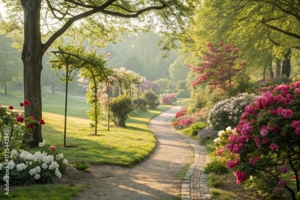 Obraz A winding garden path with blooming flowers in bright daylight