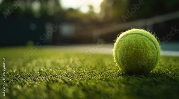 Fototapeta Tennis ball on court grass at sunset