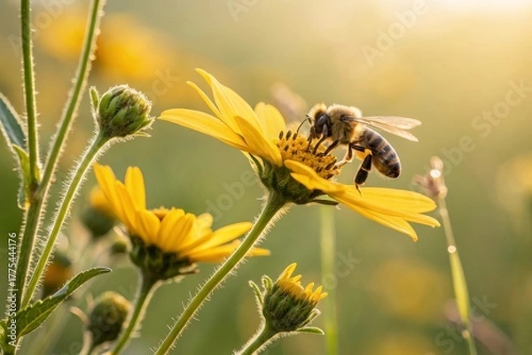 Obraz Bee collecting nectar from yellow flower in sunny daylight