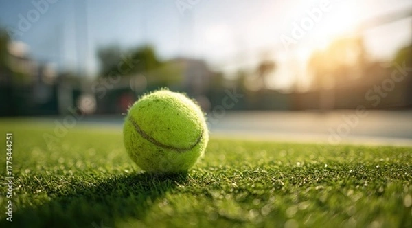 Fototapeta Tennis ball on court grass, sunlit