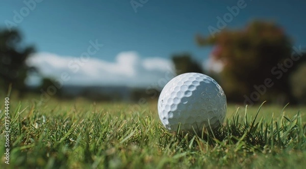 Fototapeta Golf ball resting on green grass, sunny day