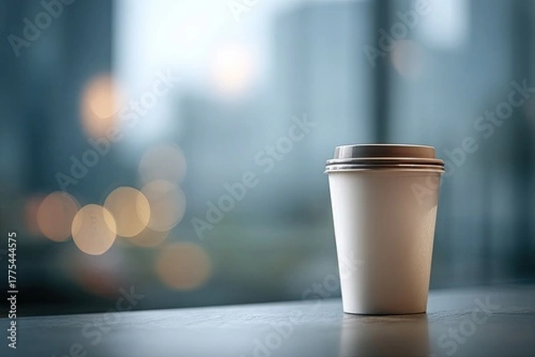 Fototapeta Empty disposable coffee cup on a table, city view
