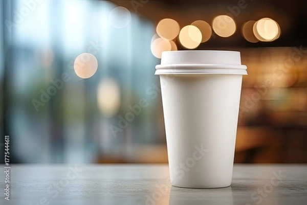 Fototapeta White disposable coffee cup on a table, out-of-focus cafe background