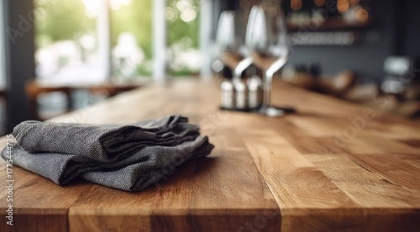 Fototapeta Stack of gray cloth napkins on a light brown wooden bar counter in a cafe.  Blurred background shows cafe interior with natural light