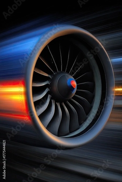 Fototapeta Close-up jet engine in motion.  Blurred streaks of light highlight the fast-spinning turbine