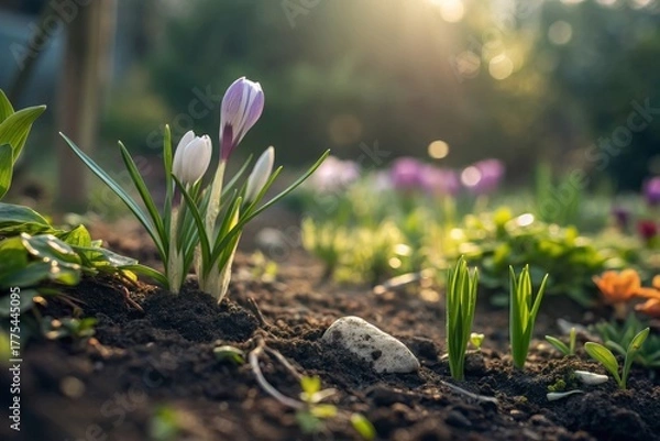 Obraz Budding flowers emerging from soil in a sunlit garden