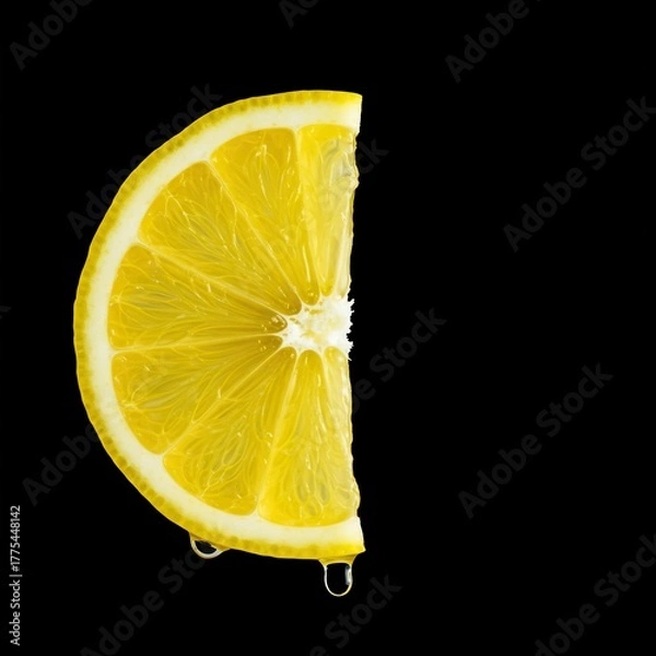 Fototapeta A vibrant yellow lemon slice, glistening with juice, suggesting ultimate refreshment and a zesty, thirst-quenching experience ,thirst ,sweet ,studio