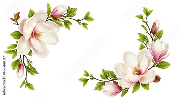 Fototapeta Elegant Magnolia Flower Corner Borders with Delicate Pink and White Blooms.
