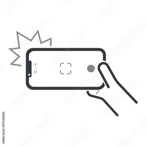 Fototapeta Isolated pictogram of a hand holding a smartphone taking a photo with camera flash and visible viewfinder screen interface.