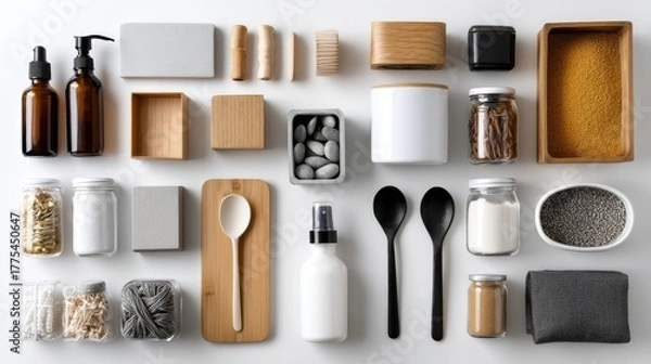 Fototapeta Minimalist skincare and spa product mockup in white and wood tones