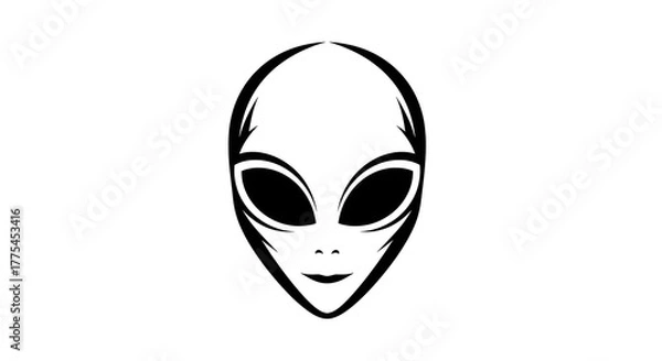 Fototapeta Simple black and white alien head illustration with large eyes and smooth lines, representing extraterrestrial mystery and minimalist sci-fi design.