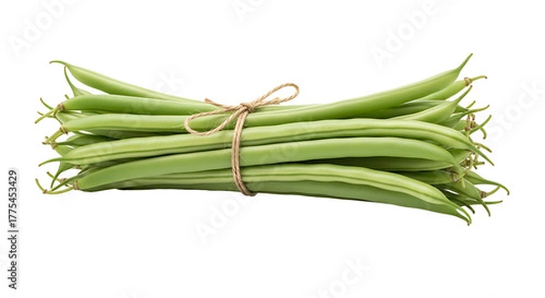 Fototapeta Freshly picked green beans tied with twine on a white background.