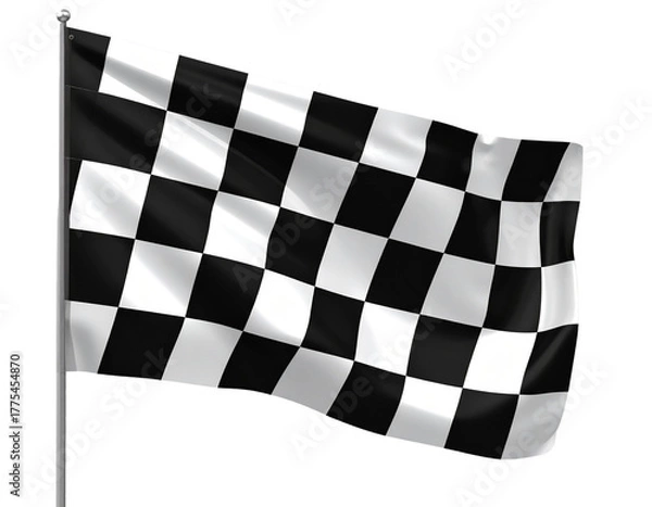 Fototapeta  3D Racing Flag with Tilted Perspective, Bold Abstract Black-and-White Squares, Isolated on Transparent Background
