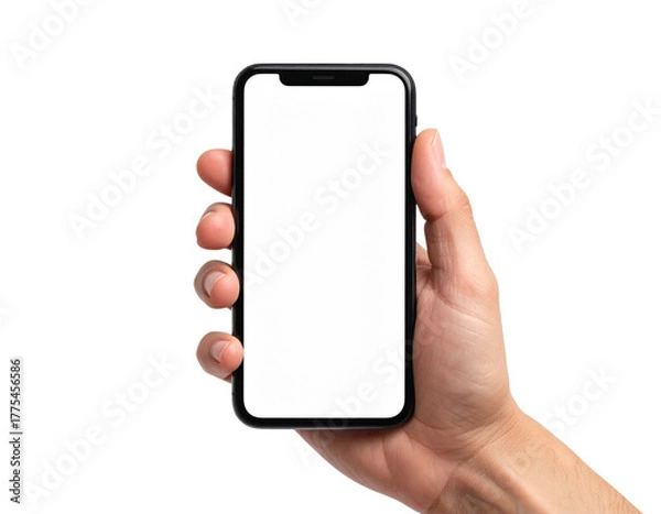 Obraz Close-Up of Hand Holding Black Smartphone, Blank White Screen, Front View, Isolated on Transparent Background