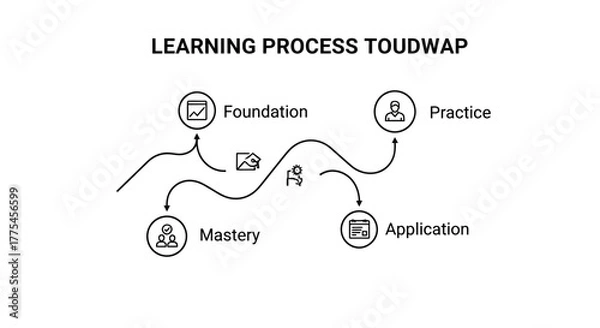 Fototapeta Visual representation of an iterative learning and development process, illustrating the progression from foundational knowledge to practical application, leading towards skill mastery