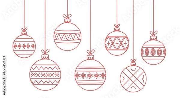 Fototapeta A collection of seven Christmas ornaments hanging with various geometric patterns, depicted in a minimalist line art style.