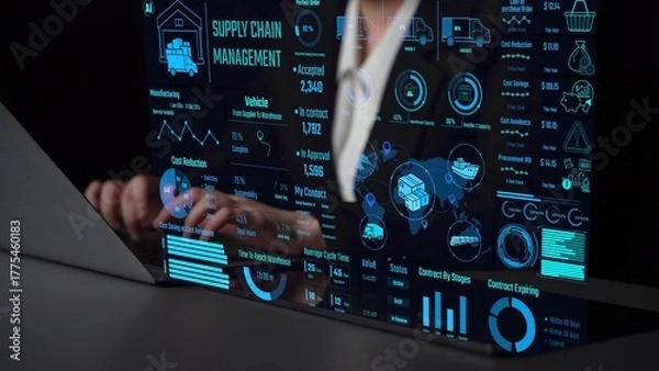 Fototapeta Supply chain management interface showing delivery routes, warehouse efficiency, cost savings, vehicle tracking, procurement ROI, and contract stages. Futuristic supply chain monitoring system. Thunk