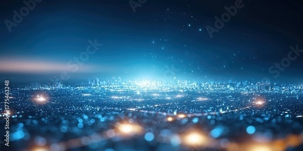 Fototapeta A mesmerizing urban skyline illuminated in blue tones, showcasing a futuristic cityscape filled with glowing lights and a sense of depth.