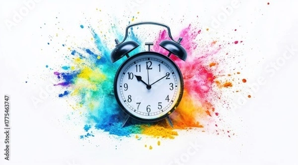 Fototapeta Black alarm clock surrounded by colorful powder explosion