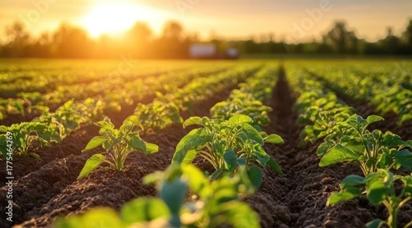 Fototapeta Sun-drenched field of young plants