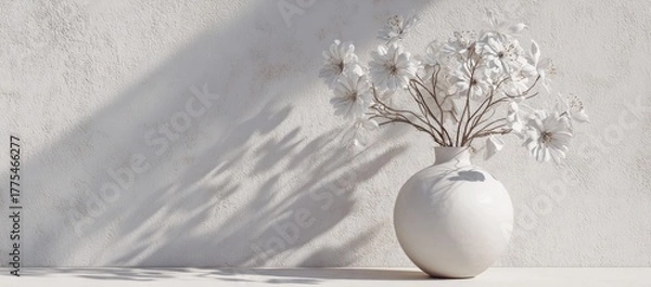 Fototapeta White flowers in round vase cast shadows on a textured white wall